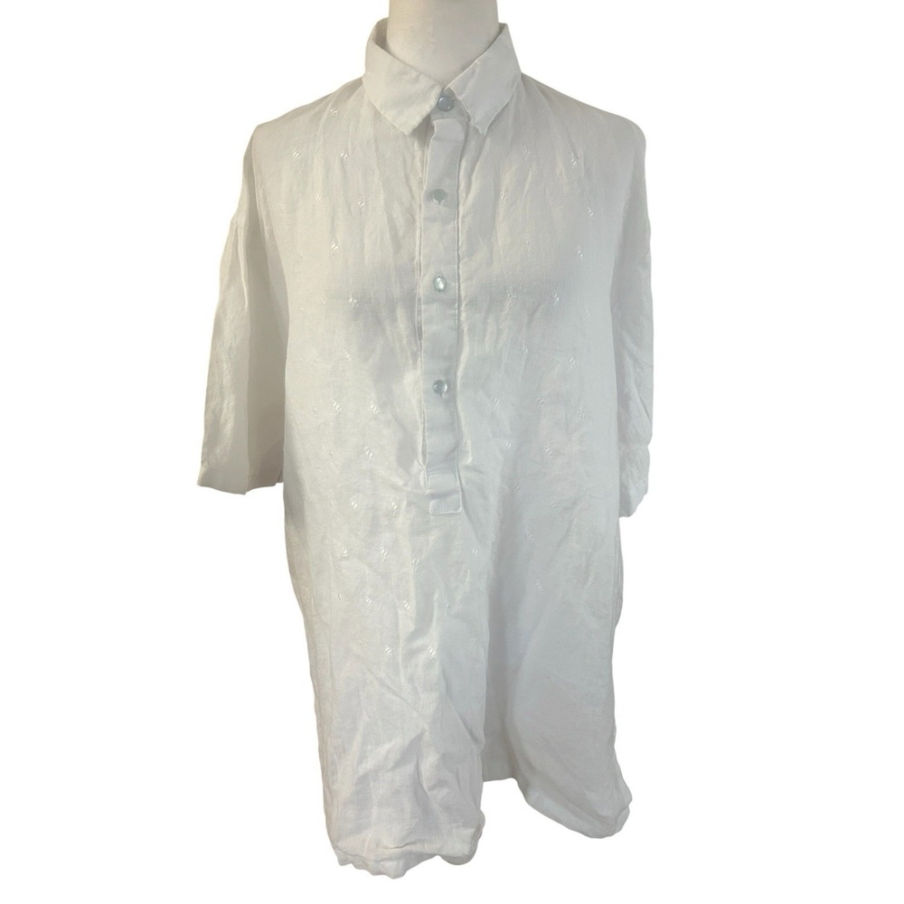 Women's Plus Size White Linen Blouse Embroidered Button-Down Tunic Sz 2XL